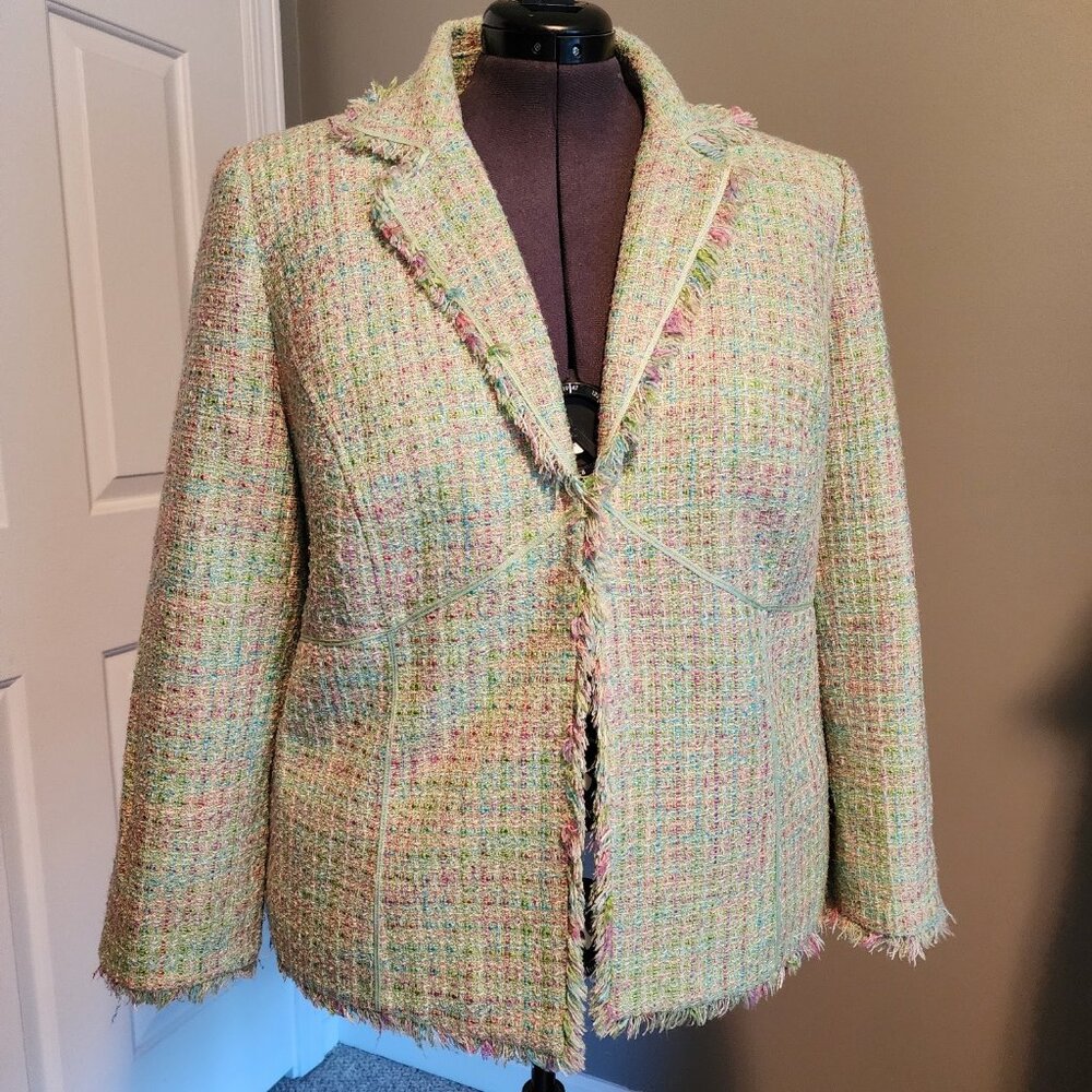 Lane Bryant Tweed Fringe Blazer 20 Pale Green Multi-color